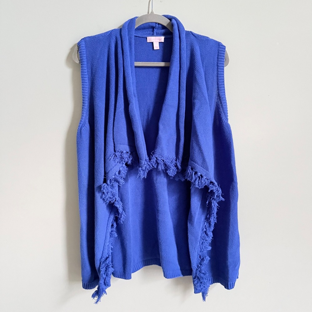 Lilly Pulitzer Blue Cotton Fringe Waterfall Open Front Cardigan Vest Large